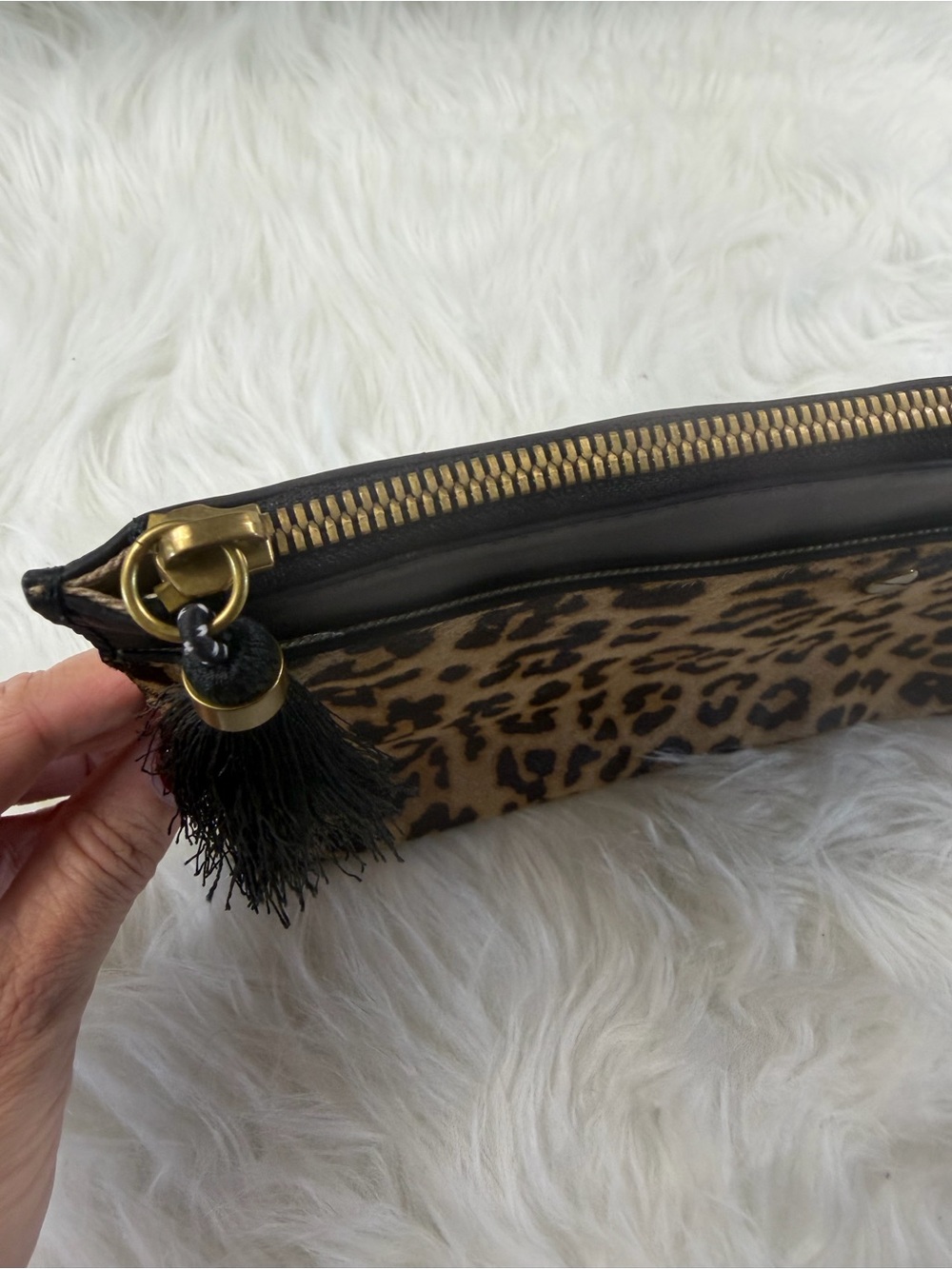 J.Crew Leopard Print Calf Hair Leather Zip Clutch Tassel Animal Print - Picture 3 of 9